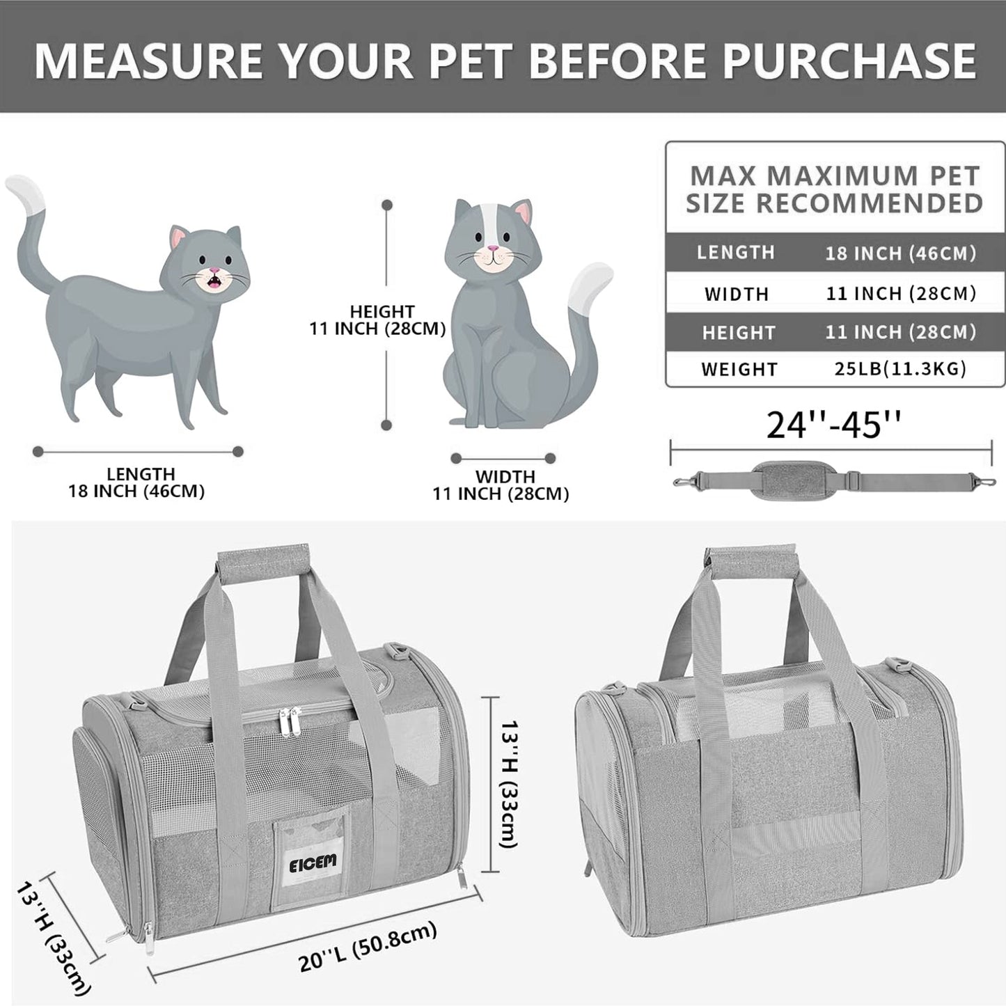 Extra Large Pet Carrier, 20"x13"x13" for 2 Cats Travel Carrier, Grey