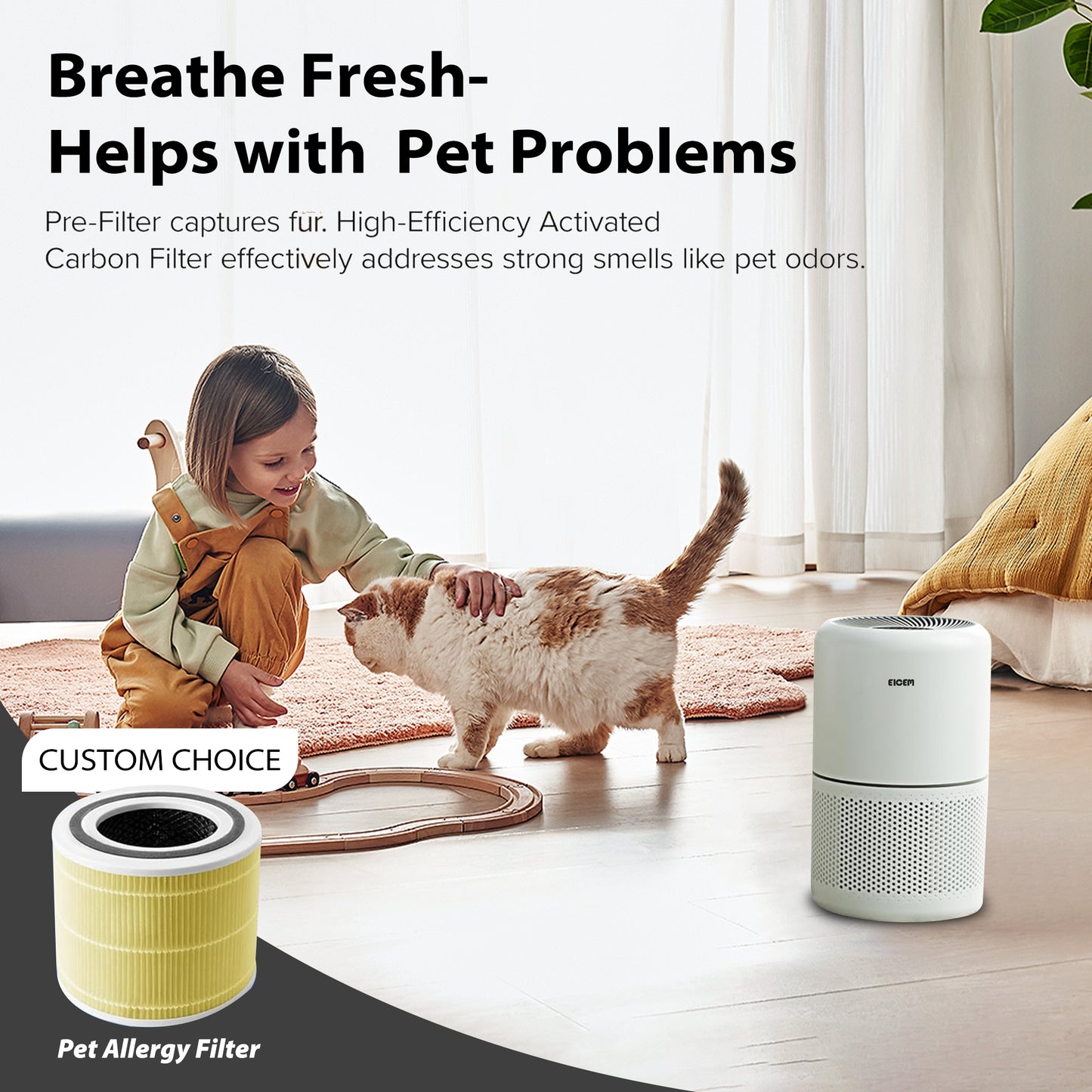 Air Purifier for Pets Hair Cat Dog Fur, 3-in-1 Filter with HEPA sleep mode