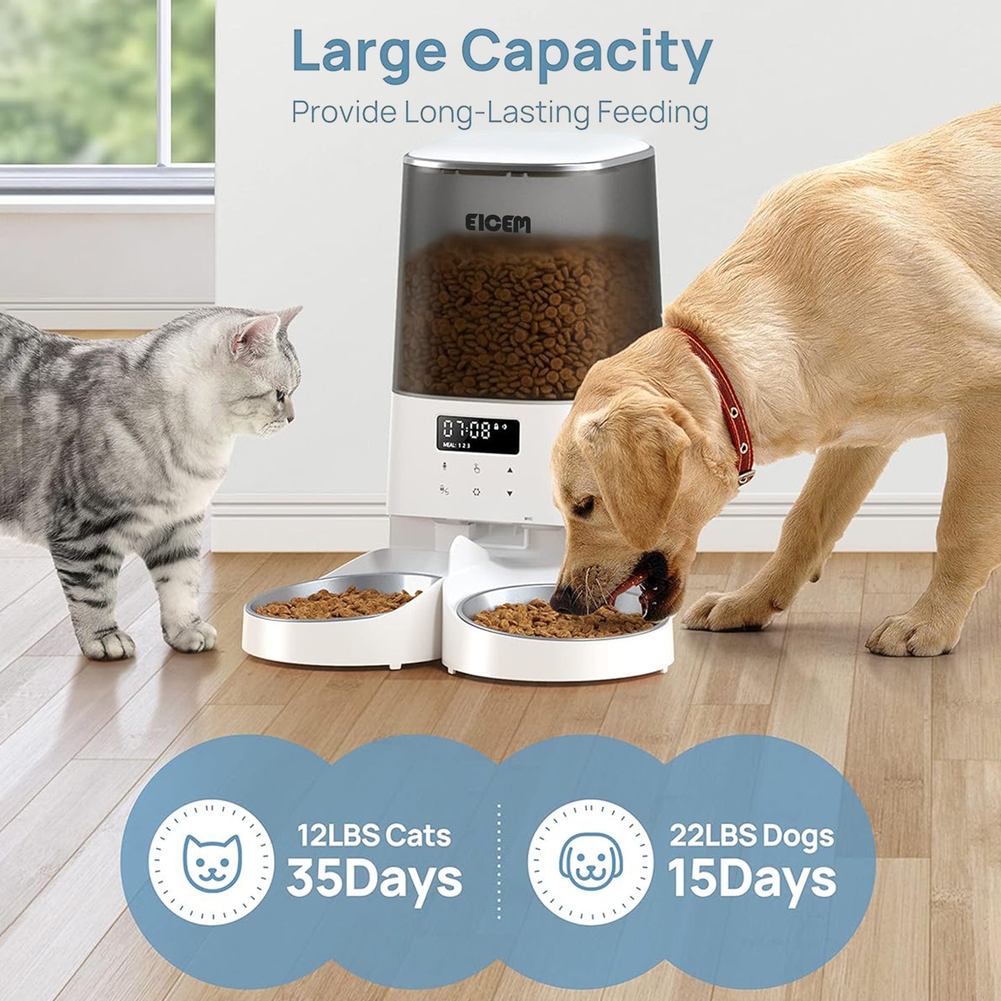 Automatic Cat Feeders, 5L/21Cups Cat Food Dispenser for Two Cats